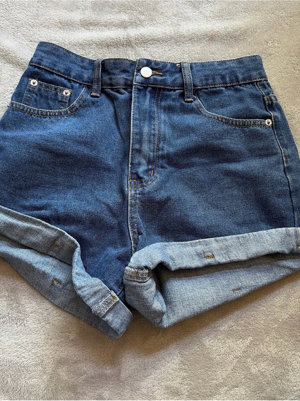 SHEIN Dark Blue High-Rise Rolled Hem Denim Shorts